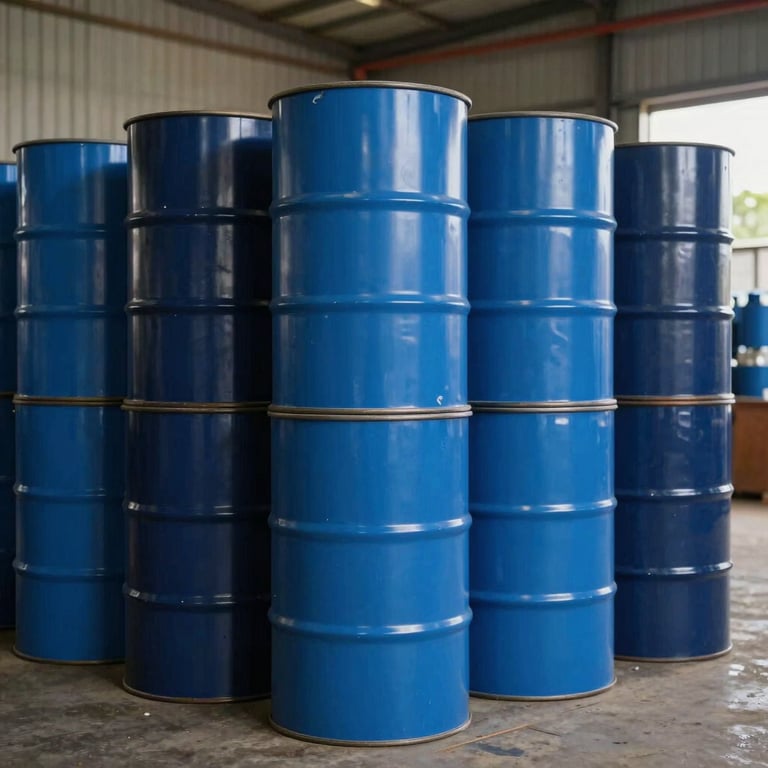 Rows of professional steel blue and deep navy lubricant drums stacked in a clean, organized South Asian / Indian industrial warehouse.
