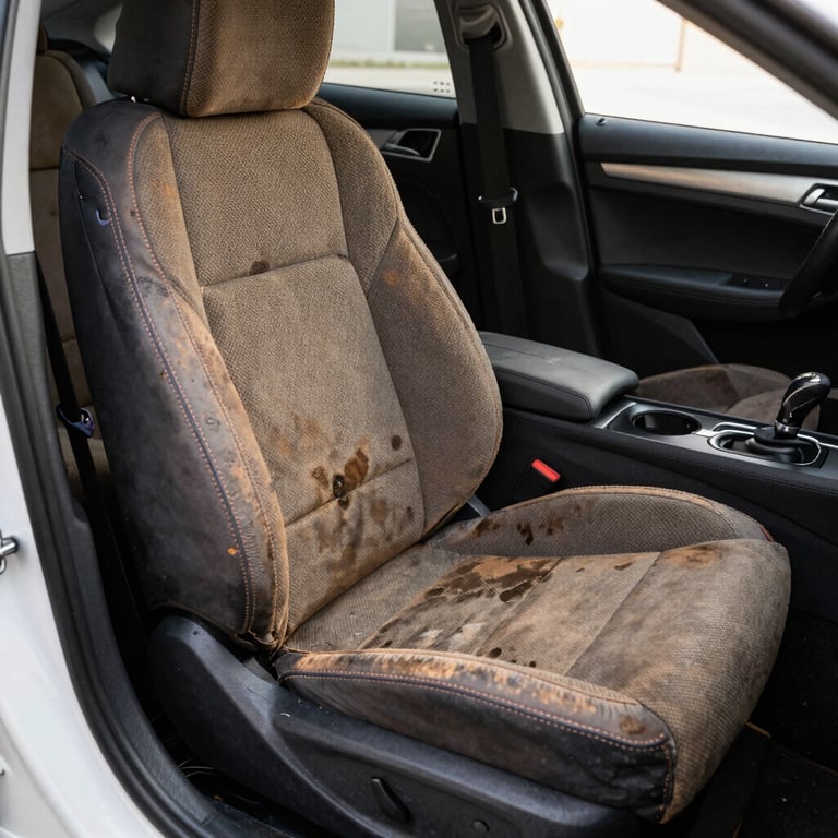 Before and after shot of a stained fabric car seat versus a steam-cleaned, spotless interior seat.