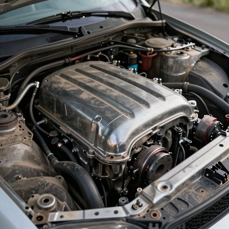 Before and after shot of a dusty car engine bay transformed into a clean, degreased, and polished engine.