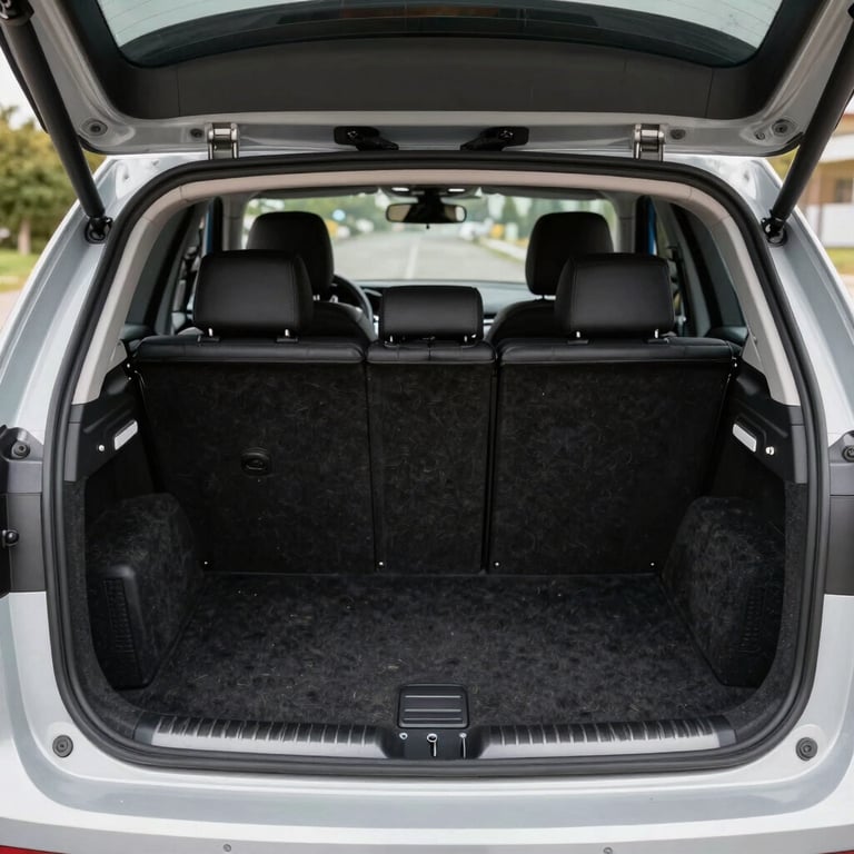 Before and after shot of a pet-hair covered car boot versus a perfectly vacuumed and sanitised cargo area.
