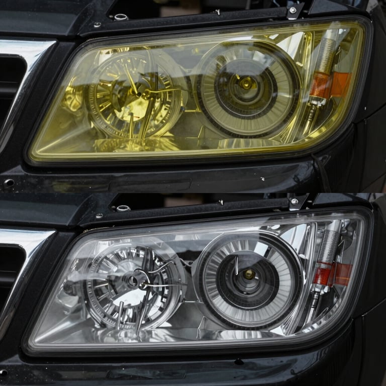 Before and after shot of yellowed, cloudy headlights versus crystal clear, restored headlight lenses.