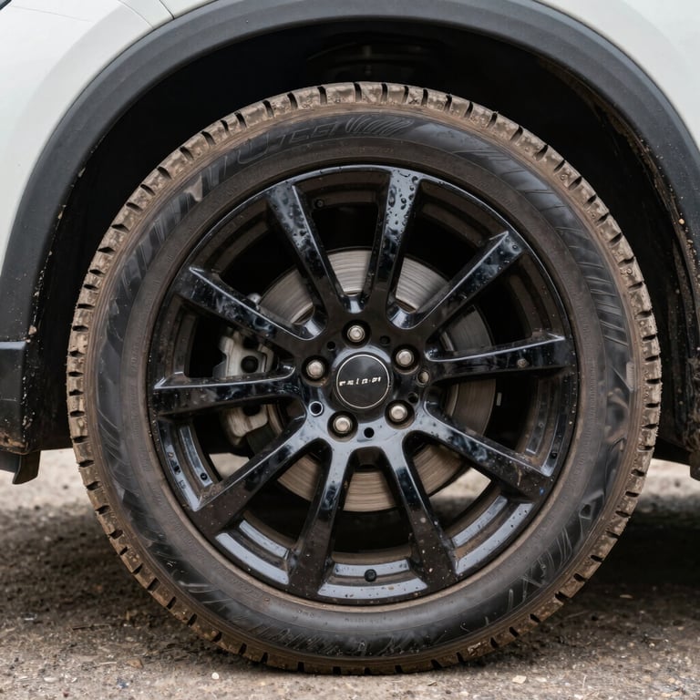 Before and after shot of a muddy SUV wheel versus a deep cleaned alloy rim with high-gloss tyre shine.
