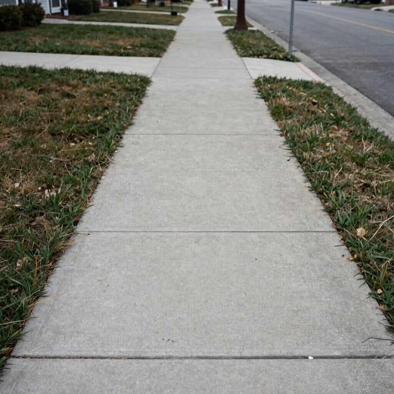 A long shot of a perfectly straight broom-finished concrete sidewalk lining a North American / US residential street.
