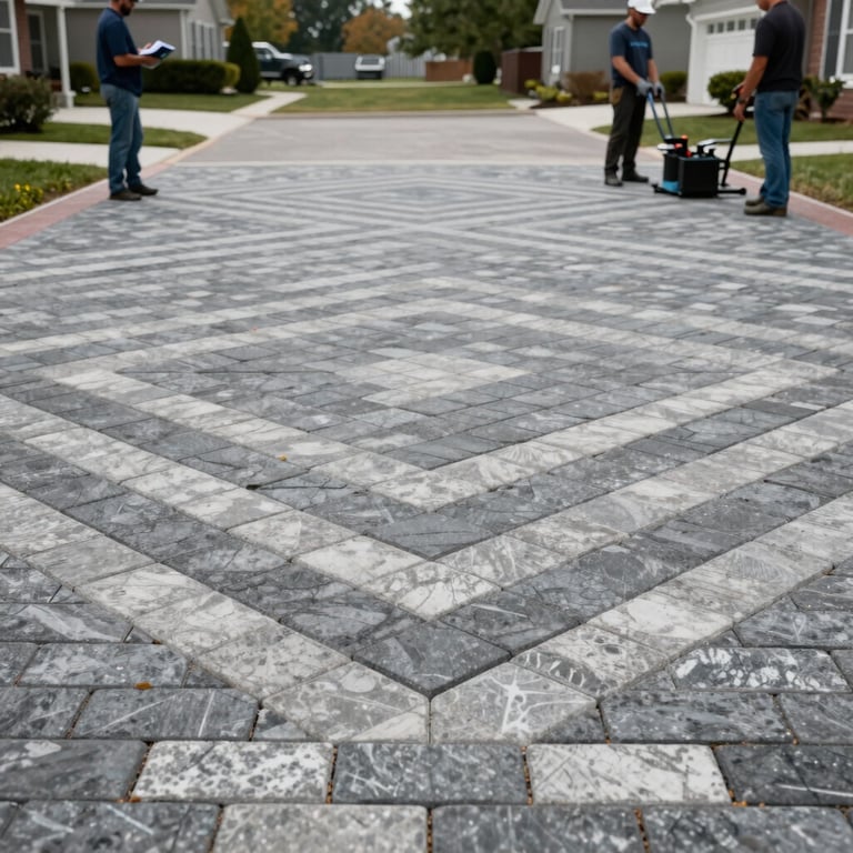 Installation of paving stones in a geometric pattern for a driveway, showing a team of professionals in a North American / US setting.