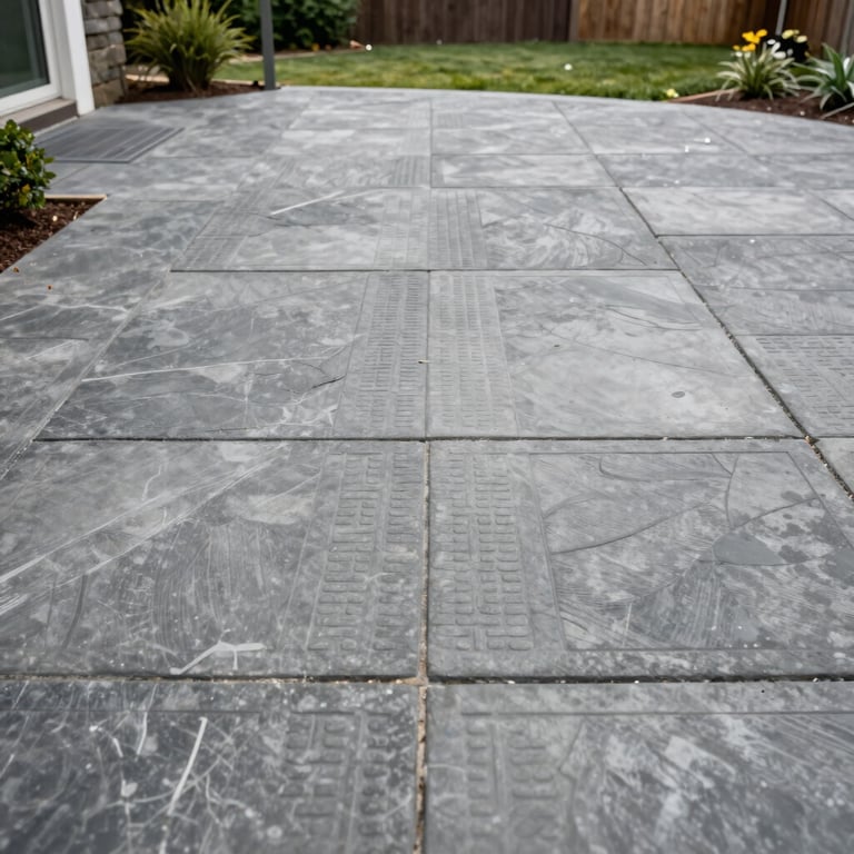 A wide shot of a decorative stamped concrete patio with a slate grey finish in a North American / US backyard.