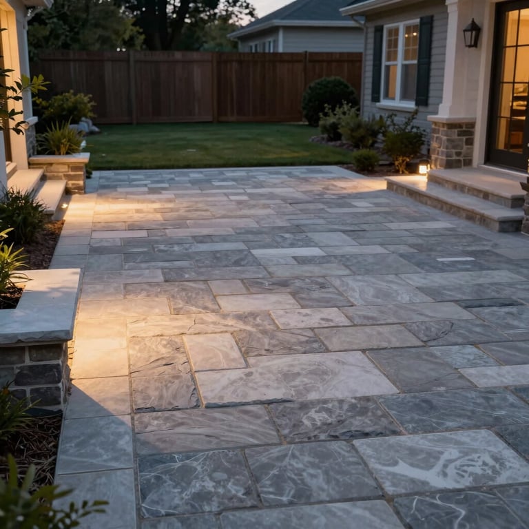 A beautifully lit flagstone patio at twilight with soft off-white stone accents in a North American / US residential yard.