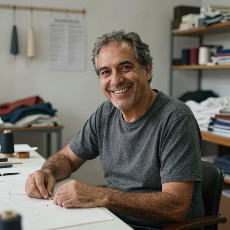 Retrato documental de um fundador sorrindo sutilmente em seu escritório de costura, luz natural, ambiente real de trabalho com tecidos ao fundo