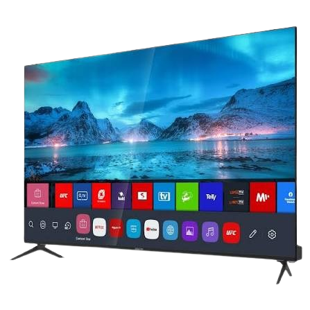 Modern 4K smart TV displaying a vibrant landscape and streaming app icons on its home screen.