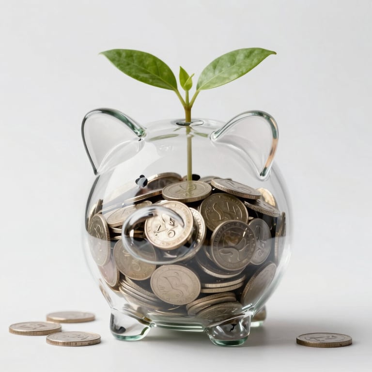 A close-up of a glass piggy bank with coins and a small plant growing inside, representing savings and PPR in a modern minimalist style.