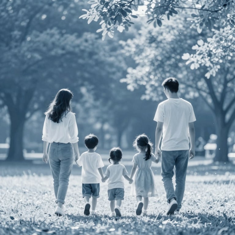 A peaceful family walking in a sun-drenched park, symbolizing life insurance and security, with soft blue tones.