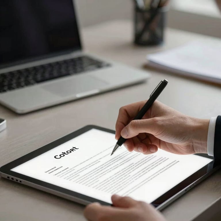 A professional hand signing a digital contract on a tablet, symbolizing trust and investment clarity in a high-end business setting.