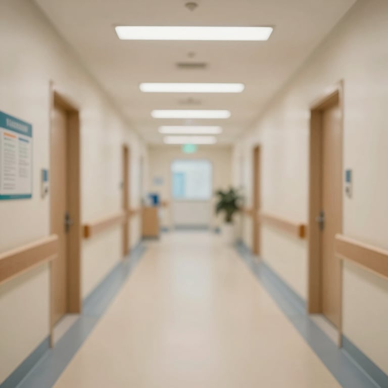 A modern hospital corridor with soft, warm lighting and clean design, representing medical and health insurance services.