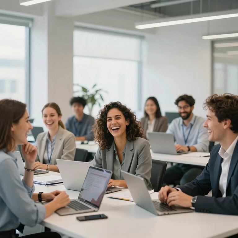 A diverse group of office employees laughing in a bright, airy workspace, showcasing flexible corporate benefit plans.