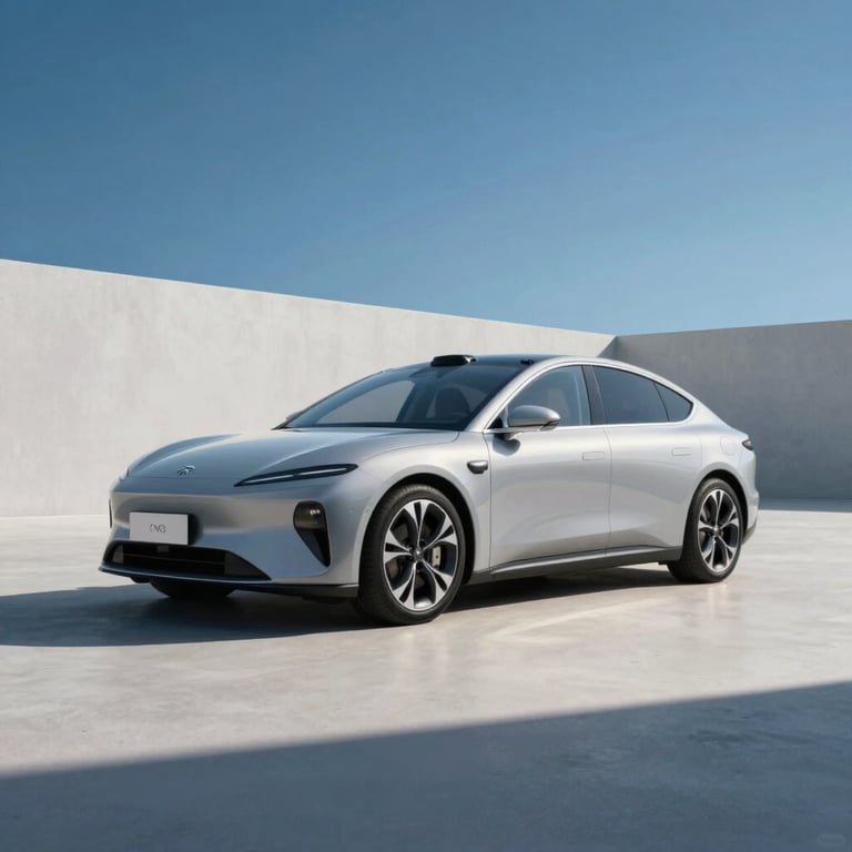 A sleek, modern electric car parked in a clean urban environment, representing premium auto insurance with a deep blue sky.