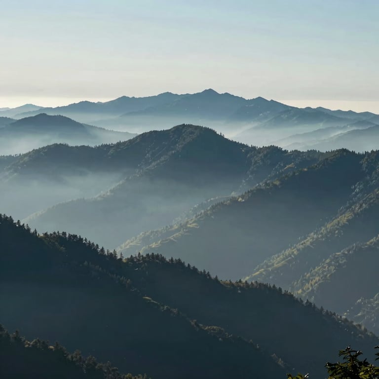 A wide shot of a misty mountain range in North America during the early morning, colors of deep blue and muted sage.