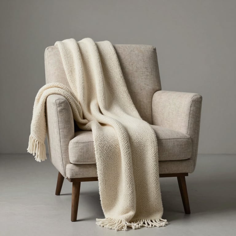 A minimalist North American interior with a comfortable reading chair and a soft cream-colored knit blanket draped over it.