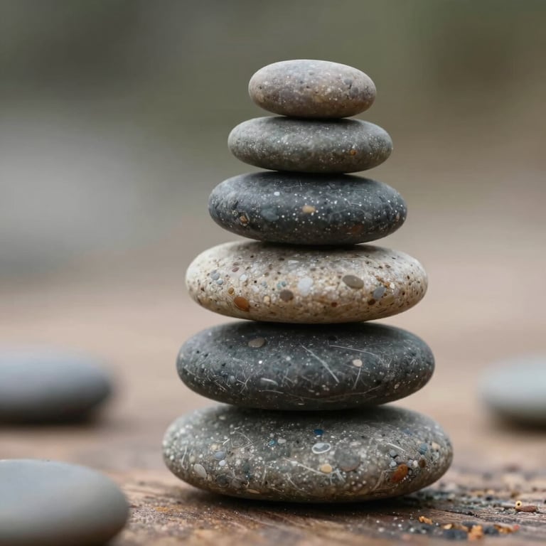 Macro shot of smooth river stones stacked in perfect balance on a wooden surface, soft focus, serene lighting.