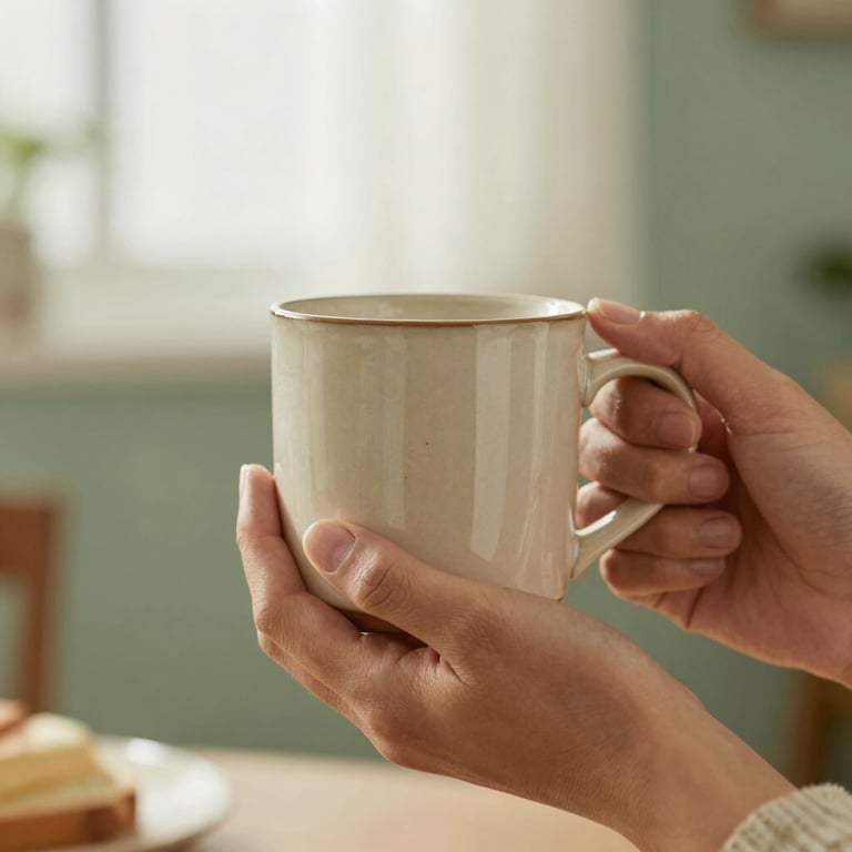 A close-up of hands holding a warm ceramic mug in a cozy North American home setting, with soft morning light and muted green background.