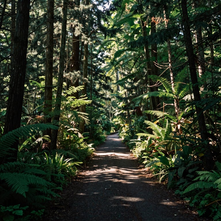 A peaceful forest path in the North American Pacific Northwest, sunlight dappling through trees in shades of sage and deep green.