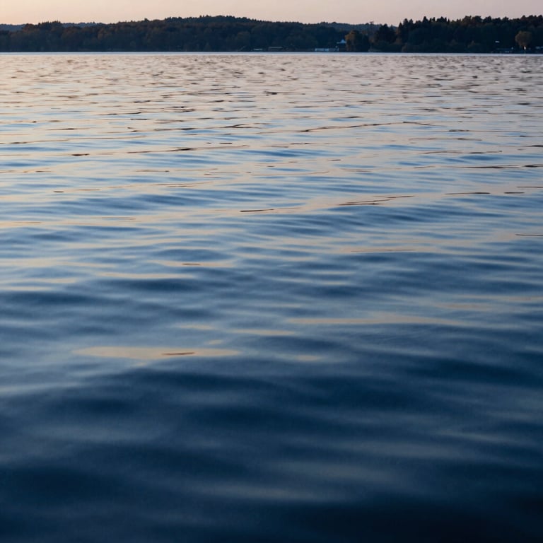 Calm ripples on a lake surface at dawn, reflecting deep blue and cream colors from the sky.