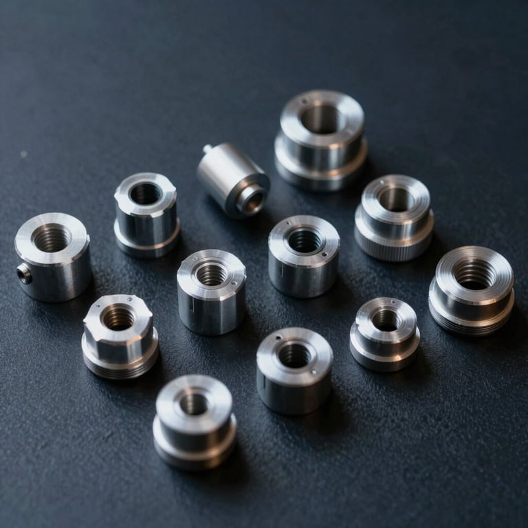 A collection of semi-machined aluminum components arranged neatly on a dark navy surface.