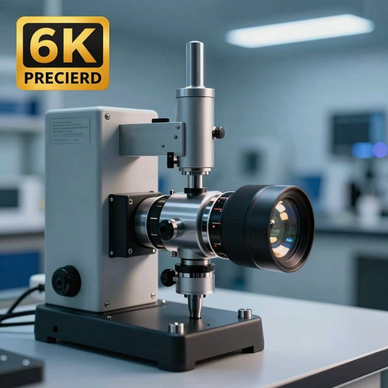 Precision measurement tools and calibration equipment in a specialized lab with soft blue lighting.