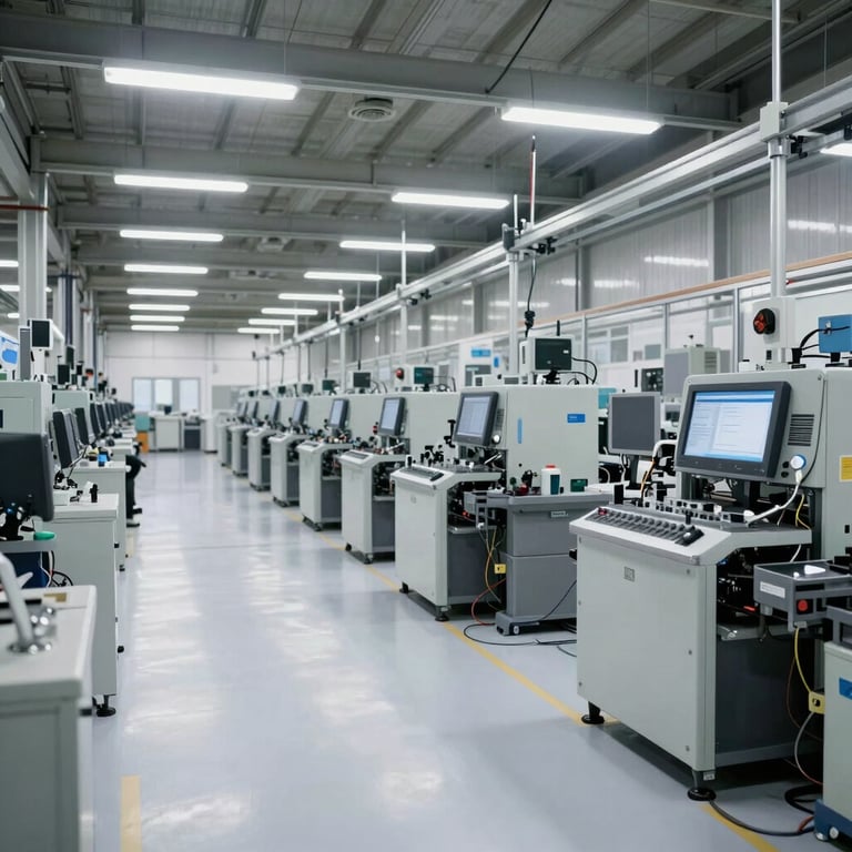 Interior view of a large, organized manufacturing floor with mist white flooring and high-tech equipment.