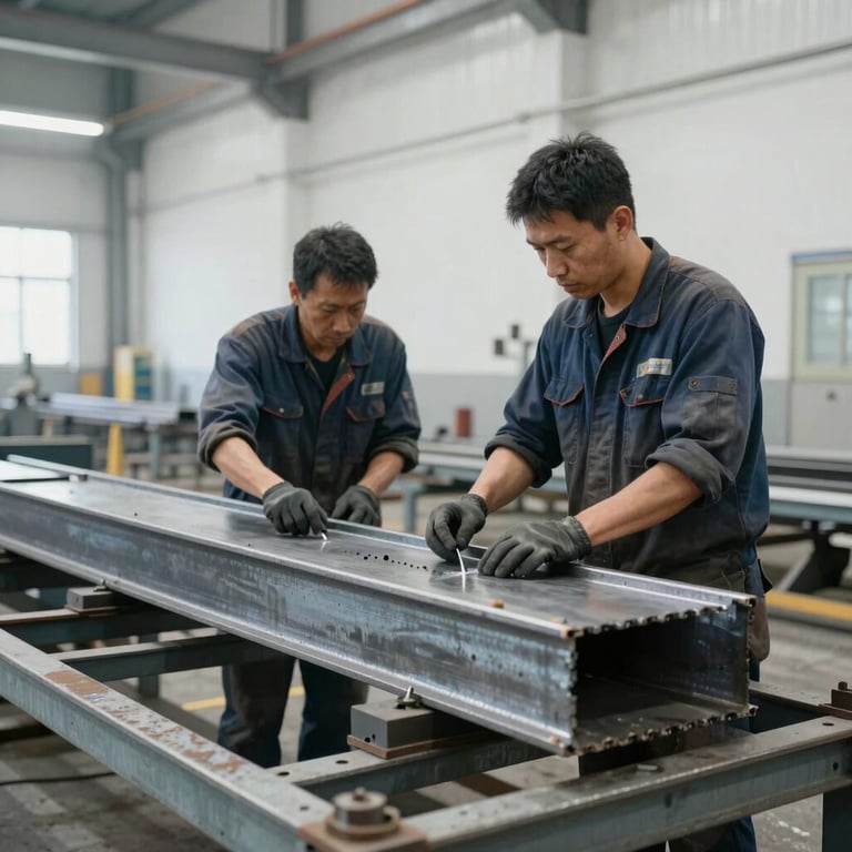 Steel fabrication work in progress, showing skilled technicians in a modern industrial environment with mist white walls.
