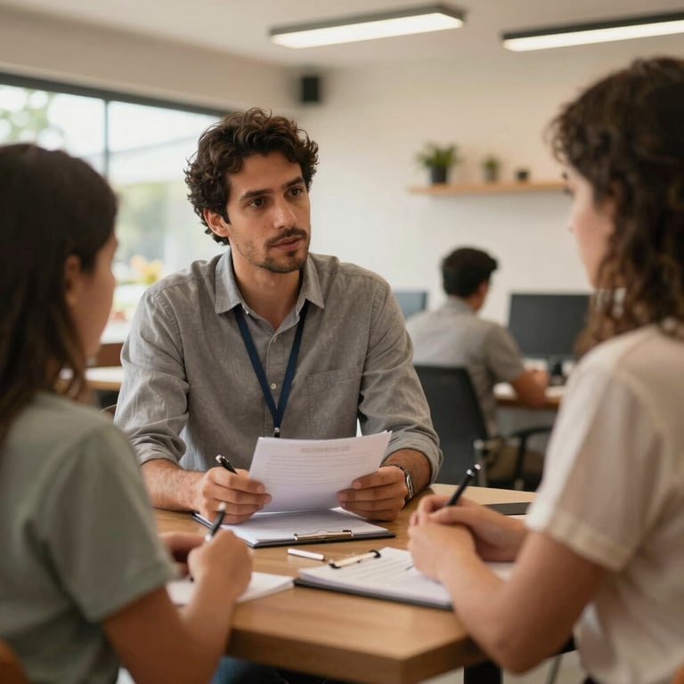 A family business owner discussing strategy with their accountant in a South American / Brazilian commercial interior, warm and safe lighting.