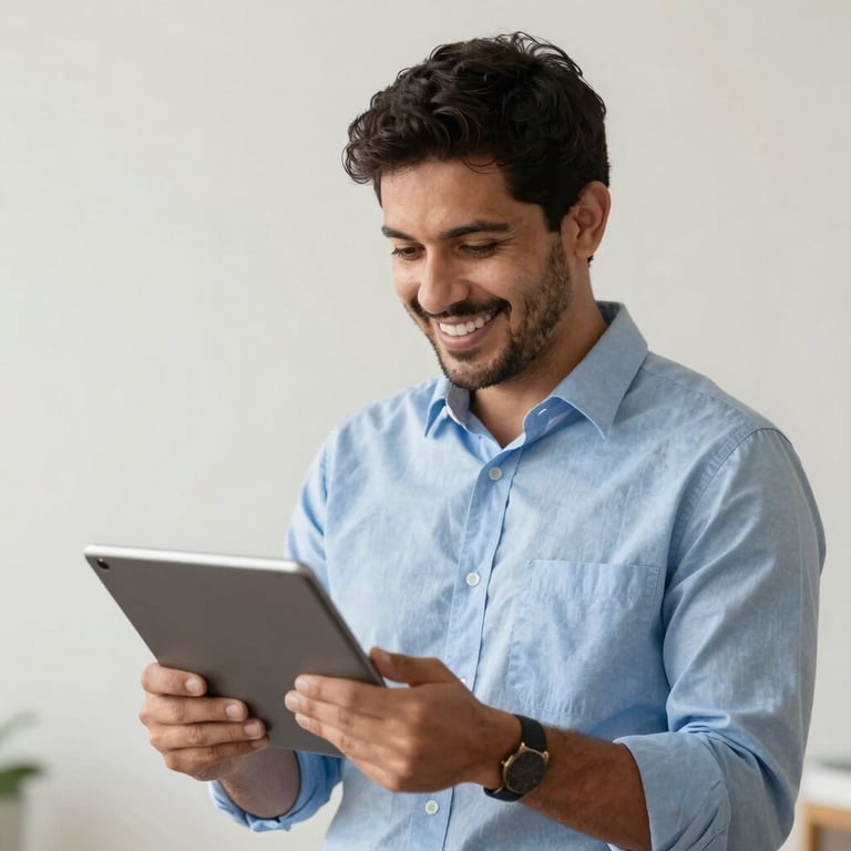 A friendly South American / Brazilian accountant smiling while reviewing digital spreadsheets on a tablet, light blue and off-white background.