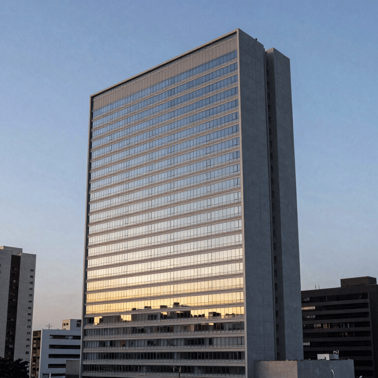 A group of diverse professionals in a collaborative meeting inside a South American / Brazilian glass-walled office, focusing on financial growth.