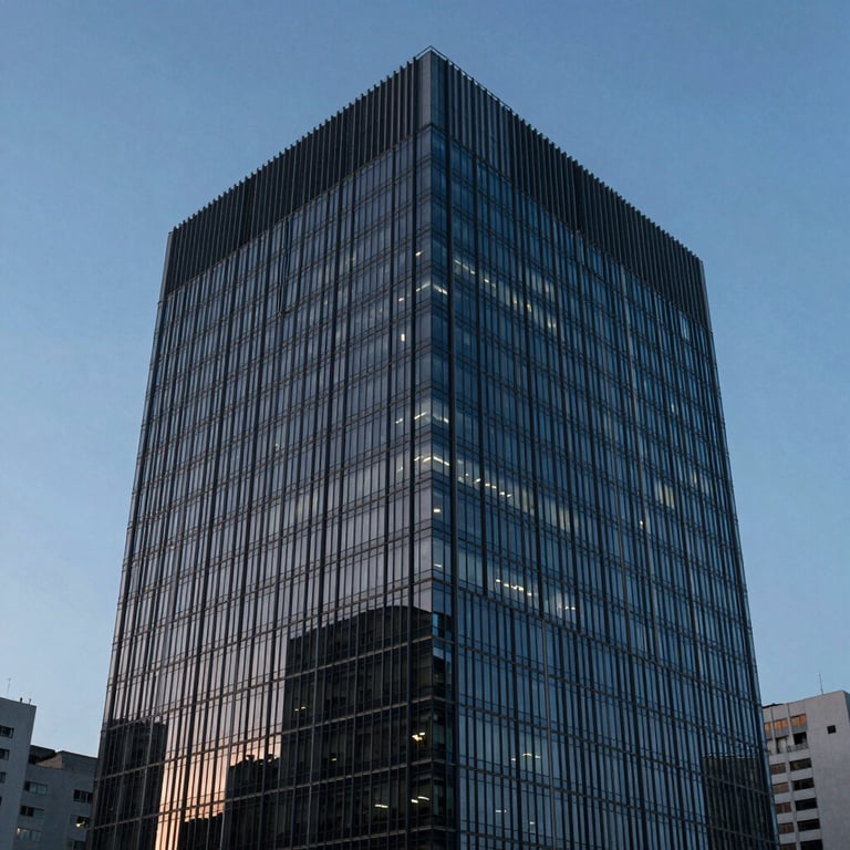 A modern office building facade in a South American / Brazilian metropolis during the blue hour, reflecting stability and professionalism.