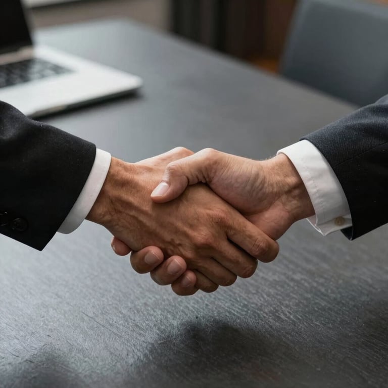 A pair of hands shaking over a dark slate grey desk in a South American / Brazilian professional setting, symbolizing trust and partnership.