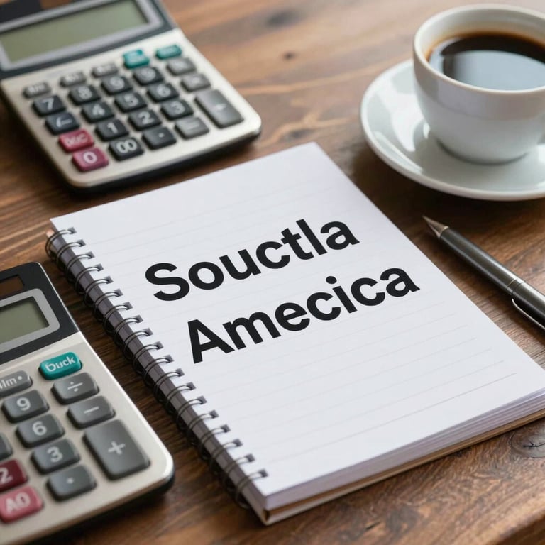 A clean workspace in a South American / Brazilian setting with a calculator, a notebook, and a coffee cup, symbolizing financial precision.