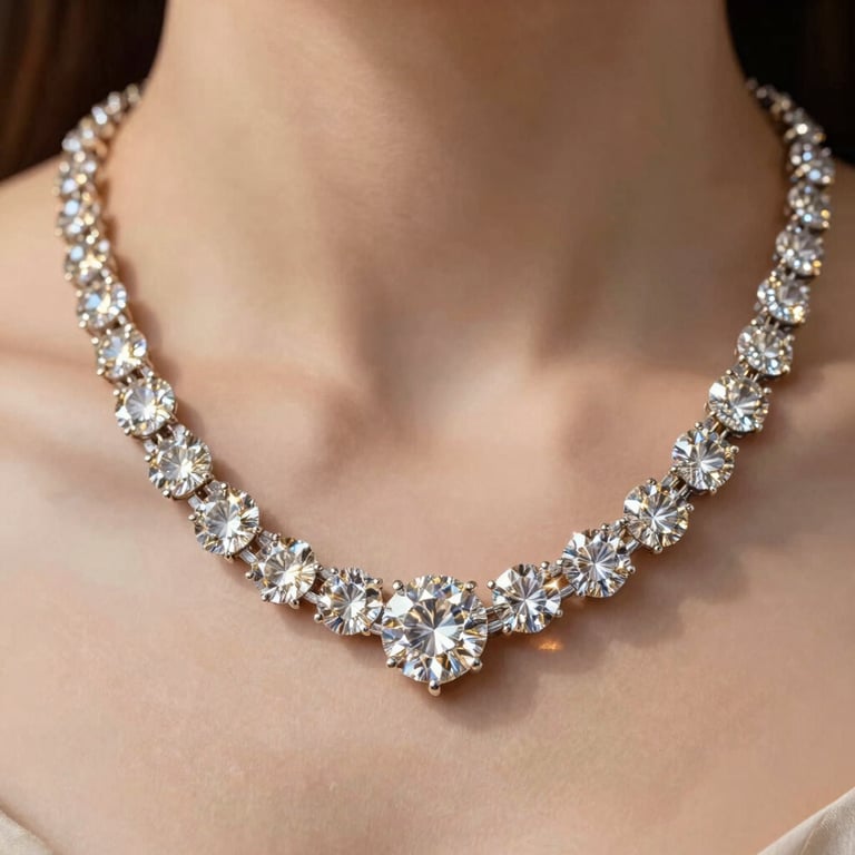 Extreme close up of a diamond necklace, brilliant cuts catching soft showroom light, reflecting subtle gold and white sparkles