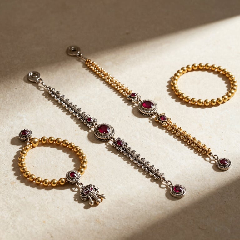 Elegant silver anklets and traditional pooja articles arranged on a clean cream stone surface, soft natural light