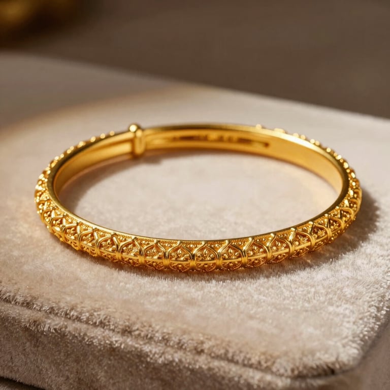 Macro shot of intricate gold bangles with delicate filigree work, resting on a soft velvet surface, dramatic side lighting