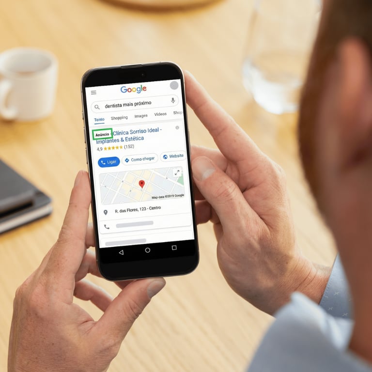 Resultado de busca no Google mostrando empresa em primeiro lugar com gestão de tráfego.