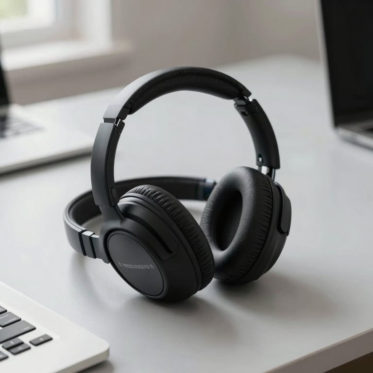 A premium noise-canceling headset resting on a clean, light grey desk surface in a bright North American / US home office.