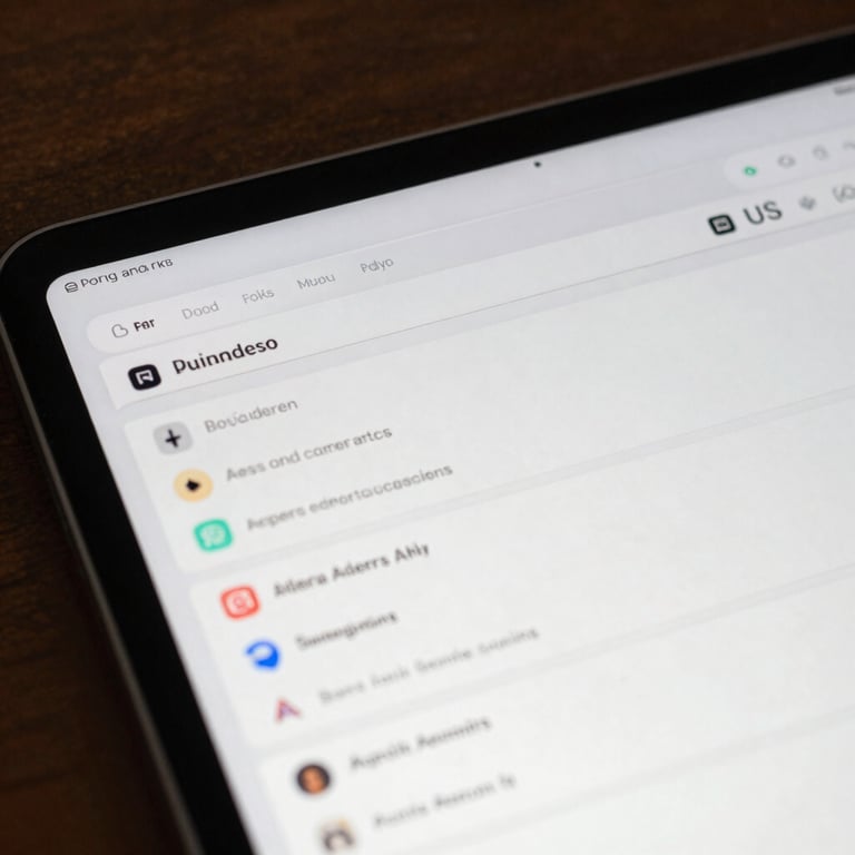 Close-up of a high-resolution tablet screen displaying a clean productivity dashboard with minimal UI elements, North American / US professional setting.