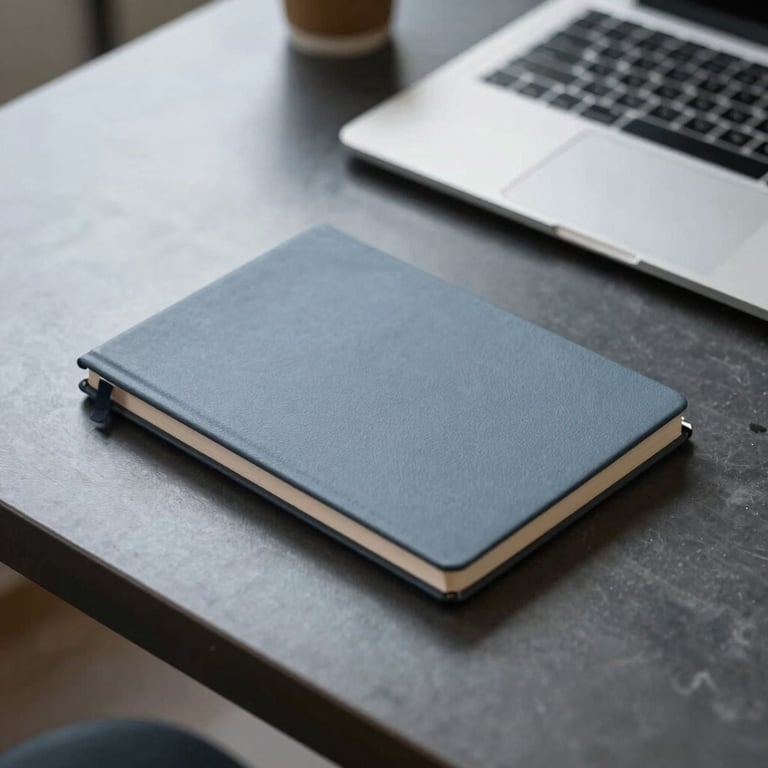 A minimalist setup showing a sleek laptop on a dark metal desk with a single steel blue-grey notebook in a North American / US workspace.