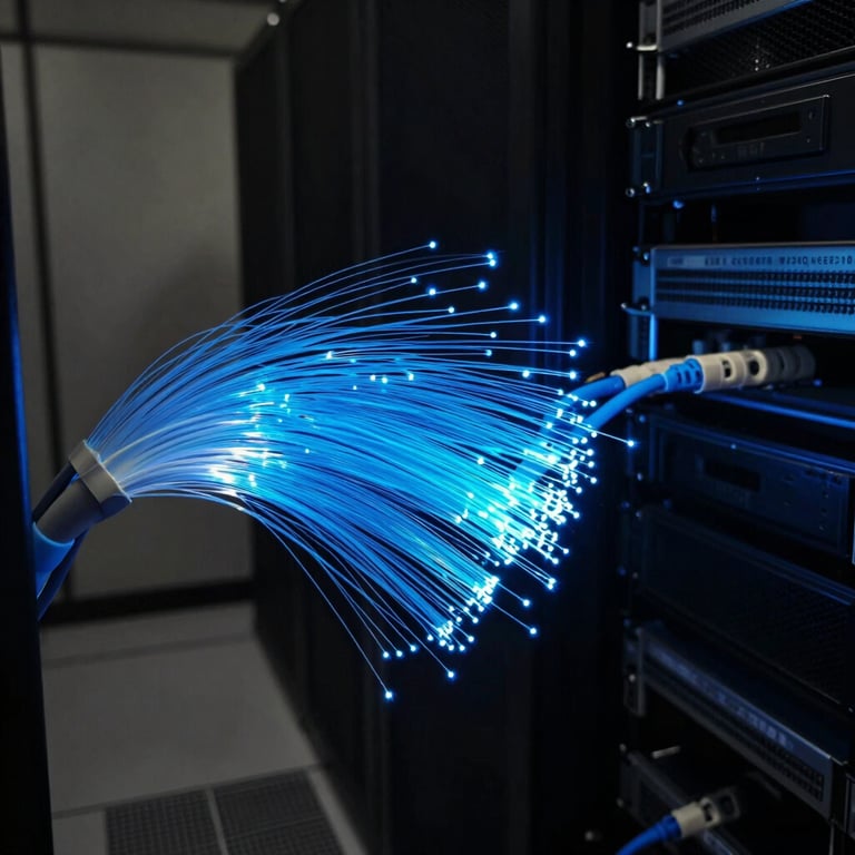 Abstract photography of blue fiber optic cables glowing in a dark room, representing high-speed connectivity, North American / US server room setting.