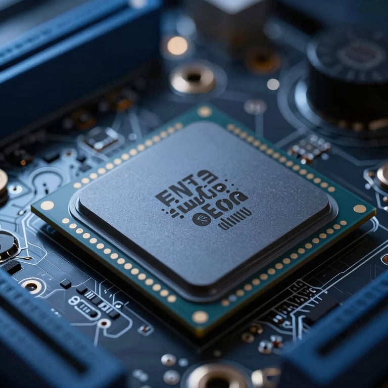Macro shot of a high-end processor chip on a motherboard, lit with deep navy and steel blue-grey cinematic lighting in a North American / US tech lab.