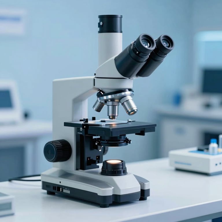 Precision laboratory microscope on a white countertop, sophisticated engineering, soft cerulean blue and sky blue highlights.
