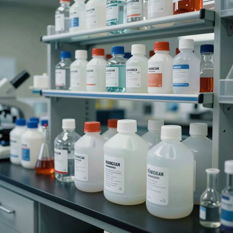 Clean, organized laboratory storage unit for chemical reagents, North American / International workplace, bright and professional.