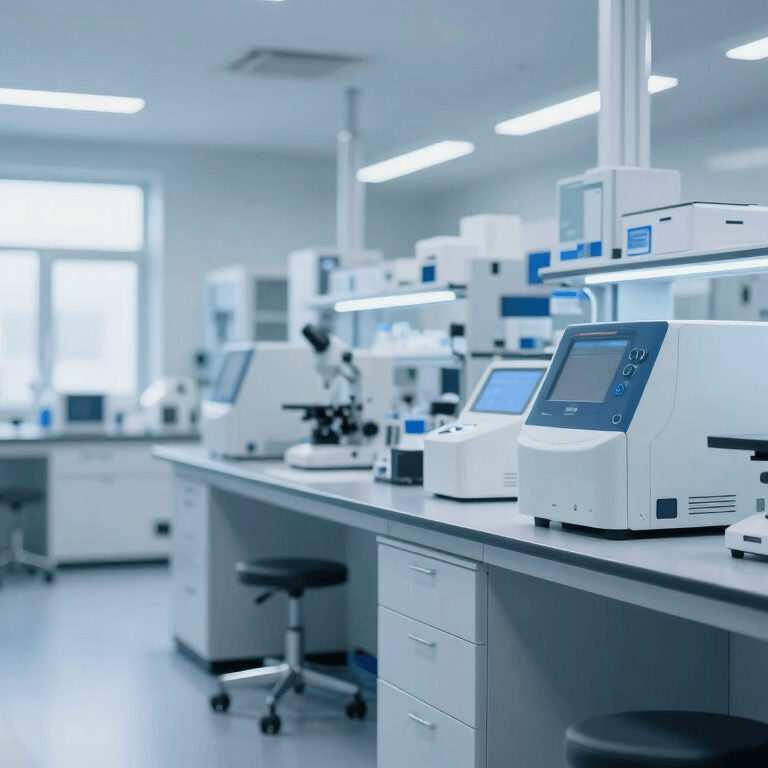 A high-performance centrifuge in a sleek, modern laboratory setting, North American / International style, soft lighting with deep navy and light blue tones.