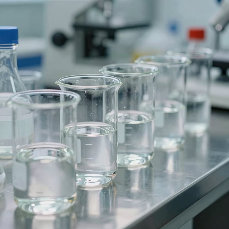 A row of laboratory glass beakers containing clear solutions on a sterile steel surface, professional and clean composition.