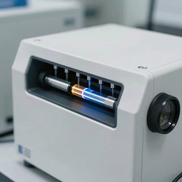 Close-up of a digital HPLC system with a glowing interface, clean professional scientific environment, daylight-balanced lighting.