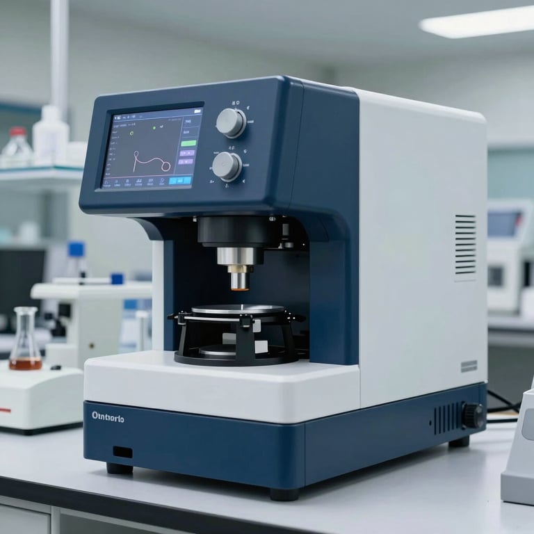 Digital spectrophotometer used for chemical analysis in a modern research park, sleek design with deep navy accents.