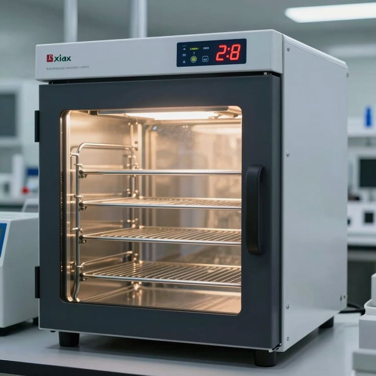 Industrial-grade laboratory incubator with digital temperature controls, high-tech scientific equipment, sophisticated lighting.